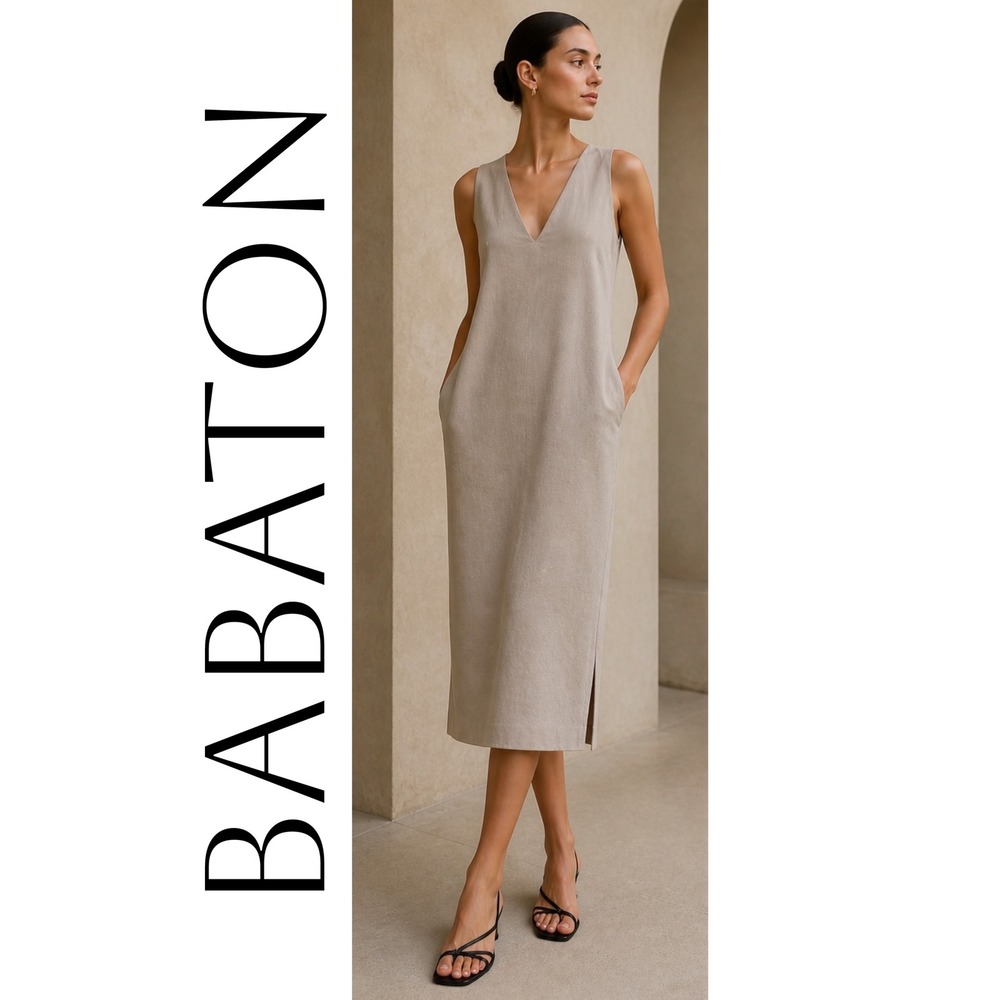 Babaton Louie Midi Dress‎ Taupe V Neck Minimalist Aritzia Sheath Pockets Size 0
